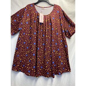 MANER Pleated Round Neck Short Sleeve Blouse Women Sz 4XL Burgundy Animal Print